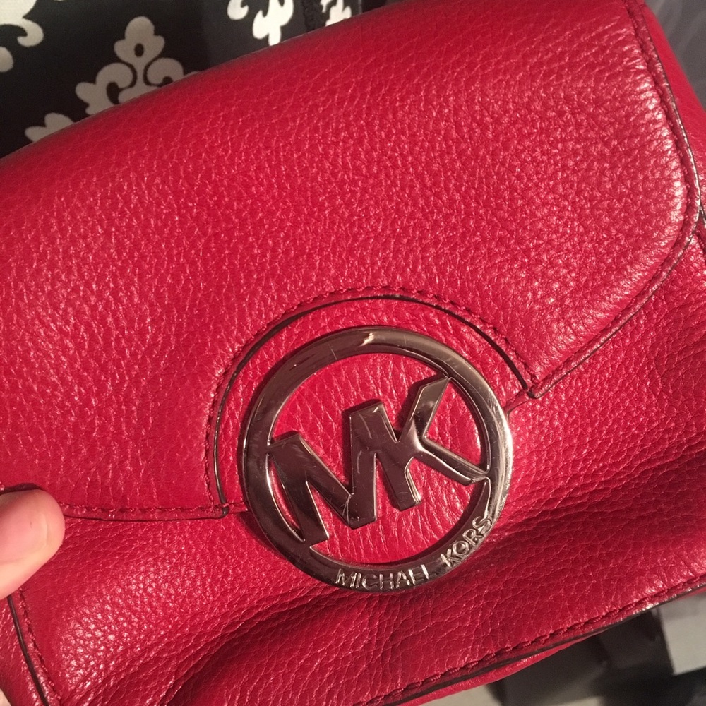 Michael Kors Red Leather Mini Crossbody with Silver Logo
